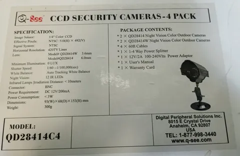 Q-See (QD28414C4) Weatherproof Day and Night Color CCD Camera Set Of 4 VERY GOOD