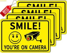 4 Pack Smile You're on Camera Sign 8x12 Aluminum CCTV Security Signs - US