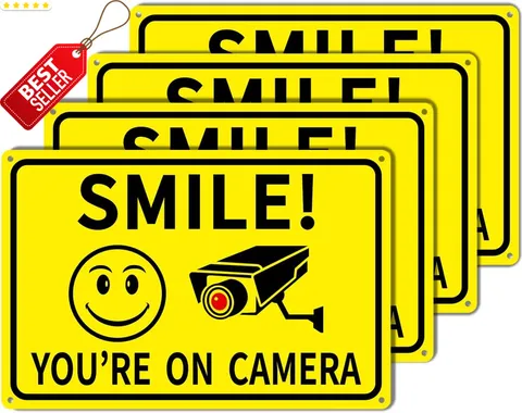 4 Pack Smile You're on Camera Sign 8x12 Aluminum CCTV Security Signs - US