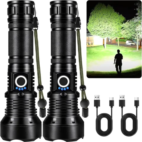 2 Pack KINGCAESAR 90,000 Lumen Rechargeable LED Flashlight IPX7 Waterproof Zoom