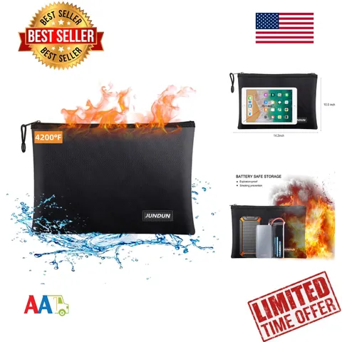 Fireproof Document Bag 14.2x10in Waterproof Zipper Safe Storage Pouch