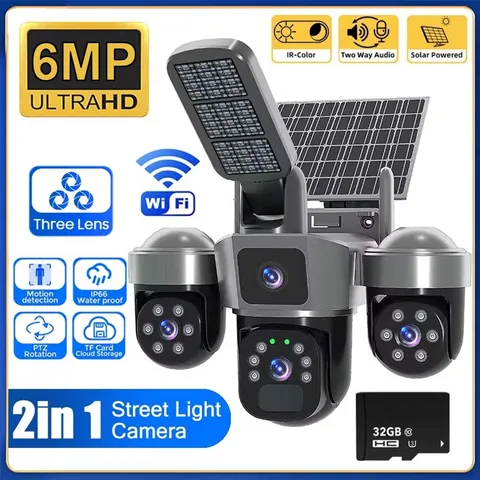 2in1 Solar Street Light Camera Outdoor 3-Lens WiFi Night Vision Surveillance Cam