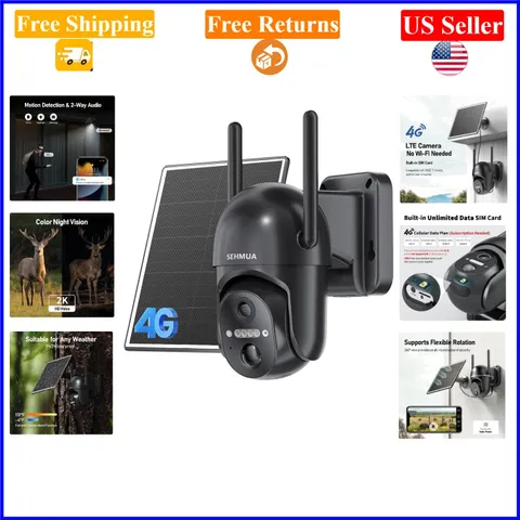 4G LTE Solar Security Camera, 2K Night Vision, 360° View, , Black