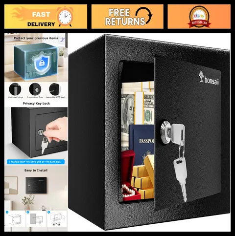 Steel Security Lock Box with Key, Small Hidden Safe for Cash & Jewelry, 0.23 Cu