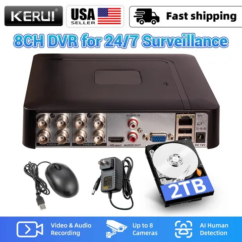 5 IN 1 8CH 1080P DVR H.265+ Surveillance DVR 2TB HDD Push Alert Remote Access