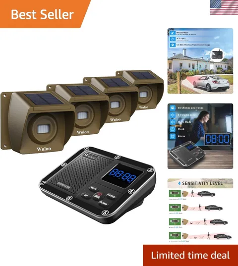 Solar Driveway Alarm - Wireless Motion Detector Over 1800ft Range, Weatherproof