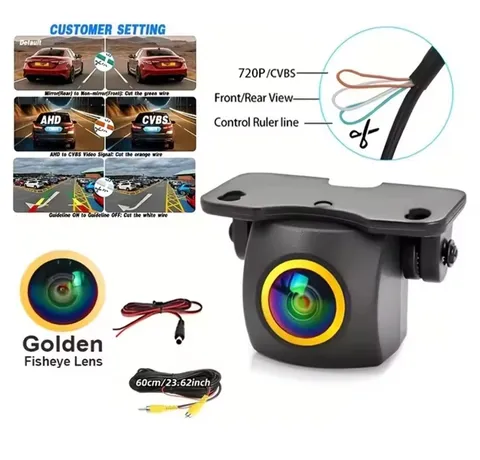 720P Gold-Edged AHD Car Backup Camera with Wide-Angle Fisheye Lens-Night Vision