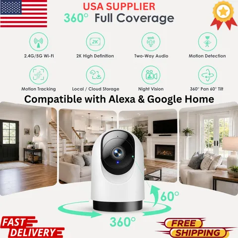 Smart WiFi Camera 2K 360° Indoor Baby Pet Monitor 2.4/5GHz Motion Tracking Night