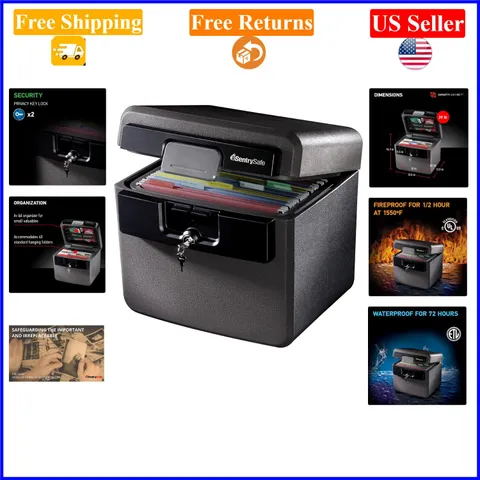 Black Fireproof Waterproof Safe, 14.3x15.5x13.5 in, Key Lock, HD4100