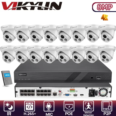 Vikylin 16POE 16CH NVR CCTV Kit Turret IR30M MIC 8MP Security Camera Systems lot