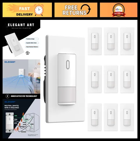 Matte White Motion Sensor Light Switch - Single Pole, 120° PIR, No Neutral Wire,