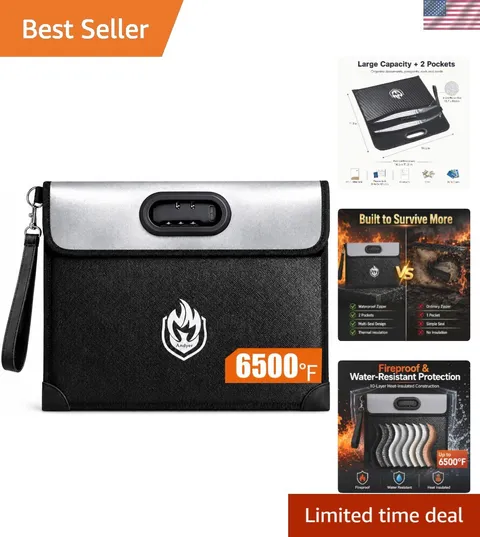 2-Pocket Fireproof Document Bag with Lock, 6500℉ Fireproof Money Bag | 10-Lay...