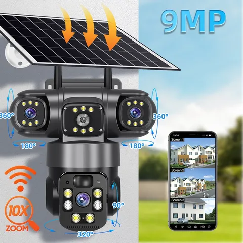 3-Lens Solar Battery Powered Camera System Wifi Pan/Tilt Wireless Home Security