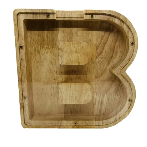 Letter “B” Piggy Bank Wooden Coin Money Saving Box Jar Coins Storage Box