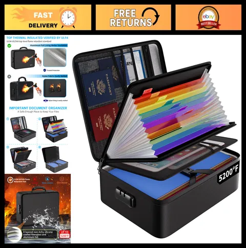 Fireproof File Organizer Bag - 13 Pocket Accordion Folder, Lock & Labels, Portab