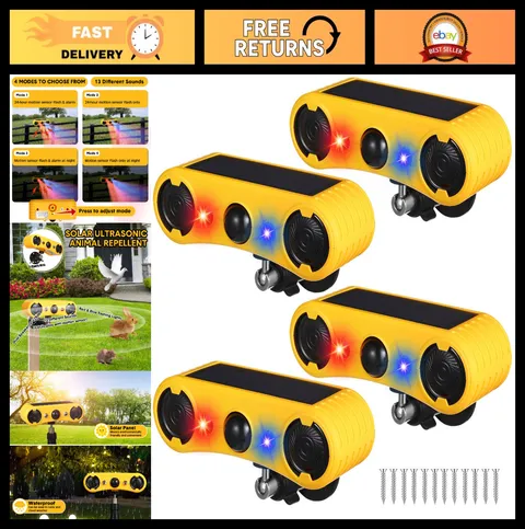 Solar Motion Sensor Alarm - 129dB Loud Noise Maker, 4 Modes Strobe Light, Animal