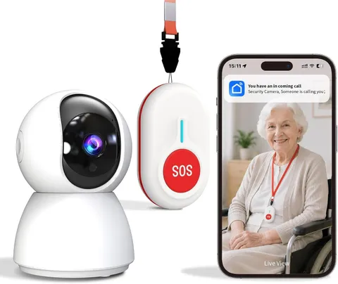 Wifi Elderly Monitor Camera with SOS Button | Remote App Alerts, SOS Button, Liv