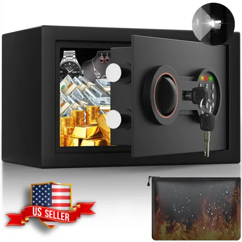 Small Home Safe with Fireproof Waterproof Bag, Alarm, LED Light, Wall Mountable