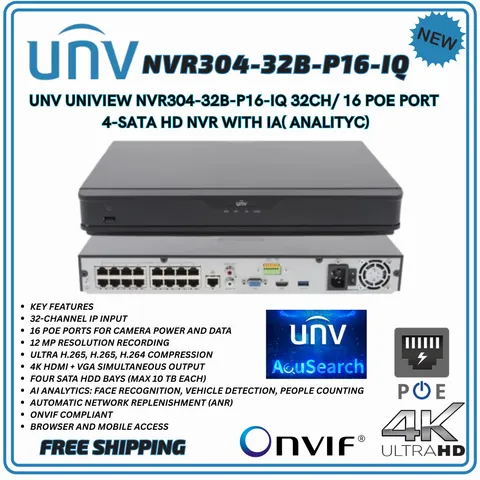 UNV Uniview NVR304-32B-P16-IQ 32CH/ 16 POE PORT 4-SATA HD NVR with IA (NO HDD)