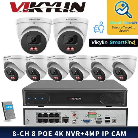 VIKYLIN SmartFind 8POE 8CH NVR MD Smart Light 4MP Security IP Camera Systems Lot