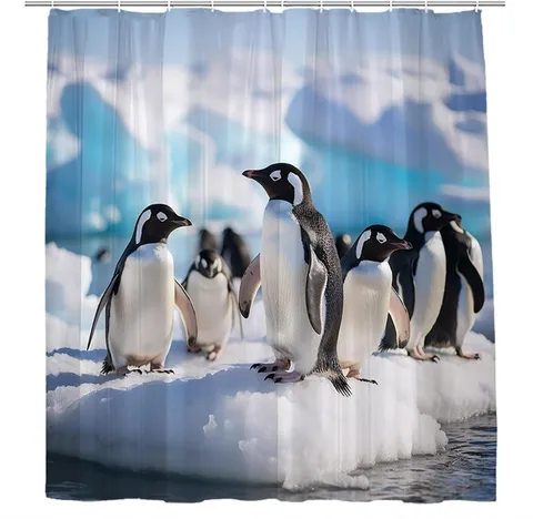 Winter Penguin Shower Curtain for Bathroom Funny Antarctica Animals Walk on the