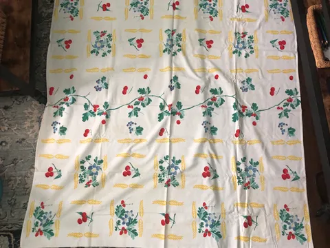 Vintage TABLECLOTH Cheeries Blueberries Acorns Flowers 