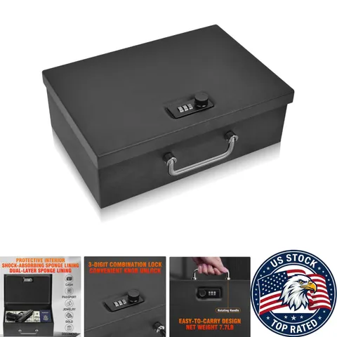 Large Capacity Fireproof Lock Box for Documents, Cash, and Valuables - 3-Digit