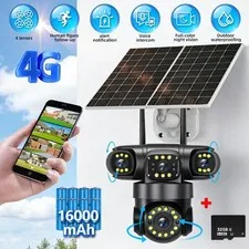 16MP 4‑Lens Solar Security Camera 4G SIM Wireless PTZ Camera 4‑Screen Monitoring