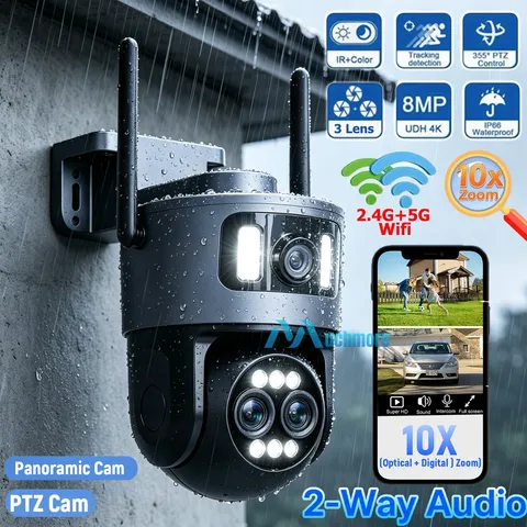 3 Lens WiFi Security Camera 4K 8MP PTZ Auto Tracking Color Night Vision 10x Zoom