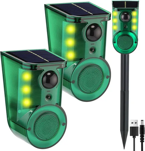 2 Pack Solar Outdoor Ultrasonic Motion Sensor Alarm Ultrasound Alarms, Green