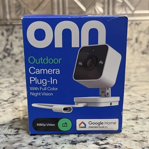onn. Outdoor Plug-In Camera 1080p Wi‑Fi Color Night Vision Google Home