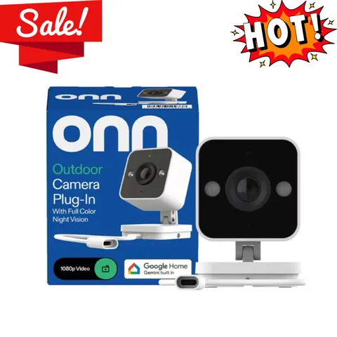 onn Outdoor Plug-In Security Camera 1080p HDR Google Home Gemini New