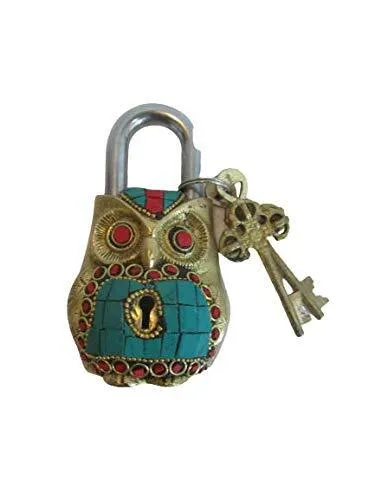 Handmade Working Functional Owl Shape Brass Padlock with Keys With Color Stone 