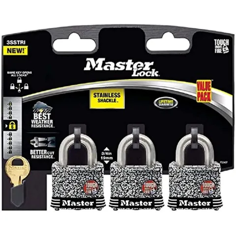 Master Lock Padlock 1 9/16'' Pin Tumbler Keyed Dual Ball Bearing 3Pk