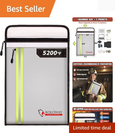 Fireproof Document Bag 15.5 x 11.5 inch with 2 Pockets and 5200℉ Aluminum Foi...