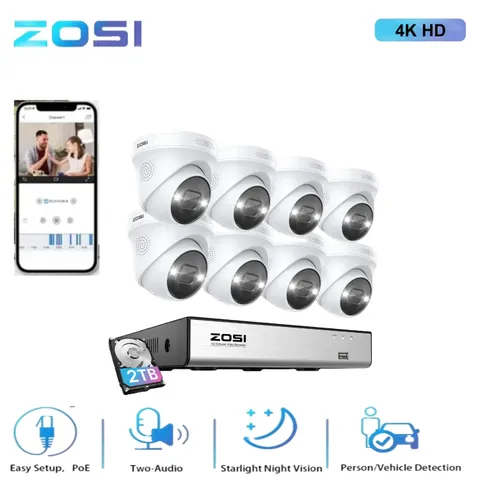 ZOSI 8CH 4K PoE Home Security Camera System AI Audio 2TB HDD Human Detection