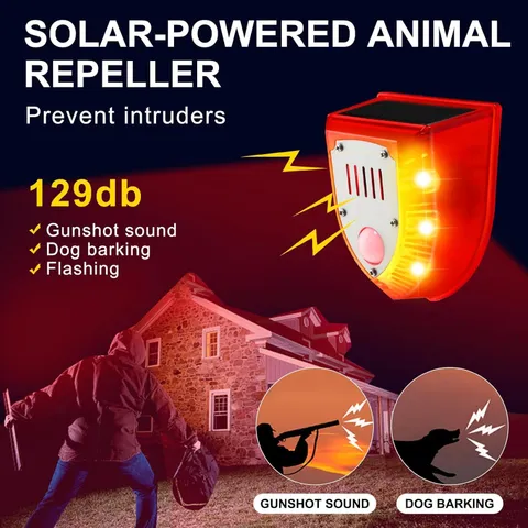 Solar Outdoor Motion Sensor Alarm-129db Dog Barking & Gunshot Sound USB Charge