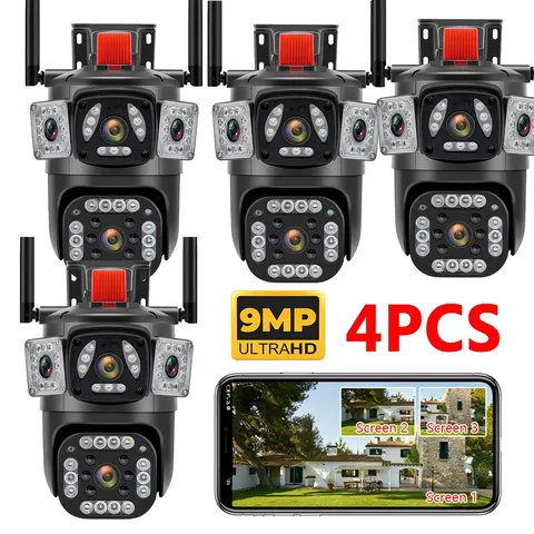 4PCS 9MP 4K Wifi Security Camera 3 Lens 10X Zoom Outdoor PTZ IP Night Vision Cam