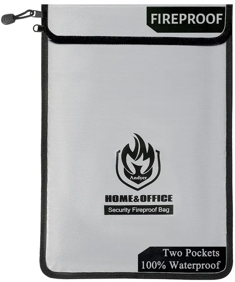 2 Pockets Fireproof Document Bag (15"x11"), Protect Values from Fire