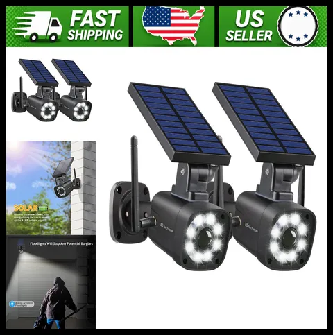 Techage Solar Dummy Security Camera with Motion Floodlight, 2 Pack Black
