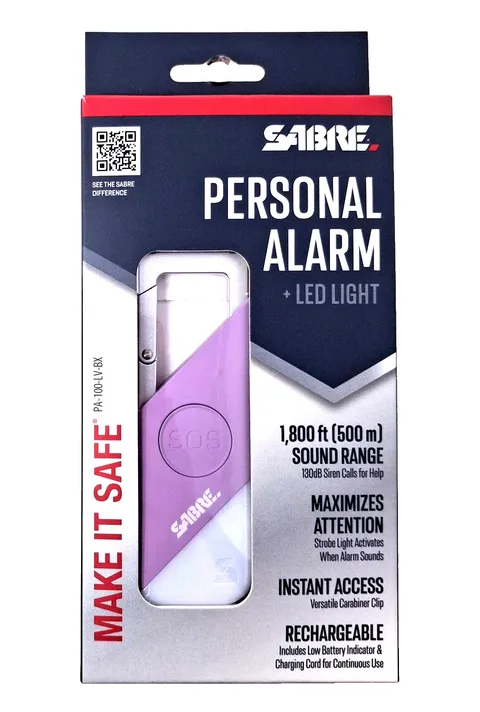 Sabre Personal Alarm 2-in-1 with LED Light 1,800 ft Sound Range Purple New