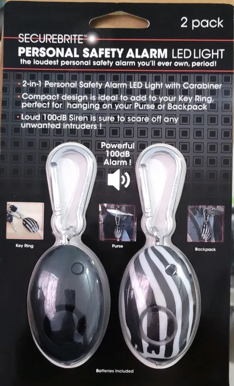 SecureBrite Personal Safety Alarm LED Light 2 Pack 100dB Carabiner Black White