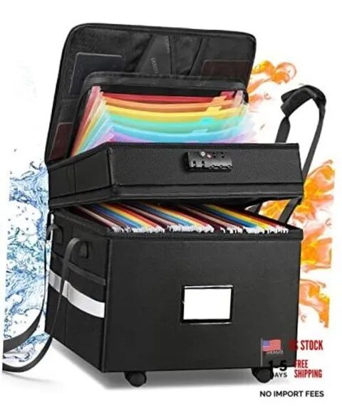 Rolling File Box, Fireproof Document Box with Wheels Multi Black2 With wheels