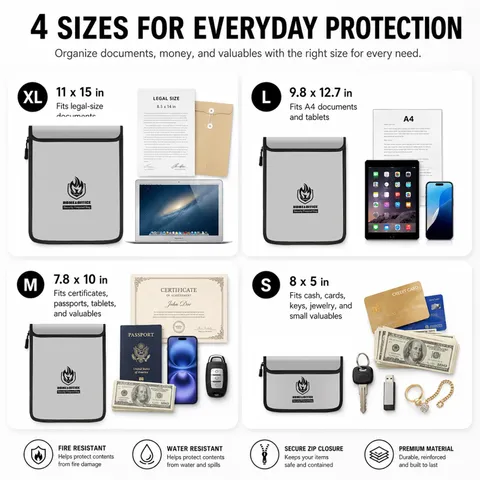 4 Pack Fireproof Document Bags Waterproof Zipper Money Pouch Legal A4 Gray