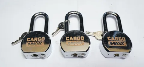 New Lot of 3 CargoMaxx Solid Body Padlock 081-95386 & 9 Keys, Keyed Alike