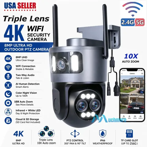 Triple Lens 4K WiFi Security Camera 10X Zoom Outdoor Home Night Vision CCTV PTZ