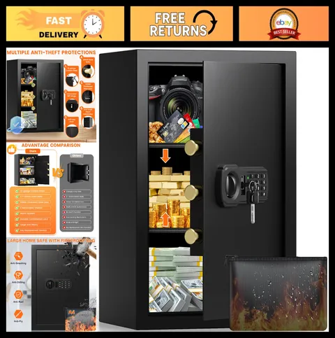 Large 21.65" Anti-Theft Safe Box, Fireproof, Keypad Lock, Backup Keys, Secure St