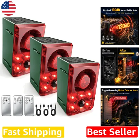 Solar Motion Sensor Alarm 130db Loud Dog Bark Gunshot Sound 3 Modes Strobe