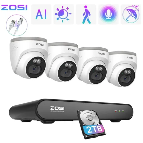 ZOSI 3K NVR 8CH 4MP 2.5K PoE Security IP Camera System 1 Way Audio 24/7 Reocrd