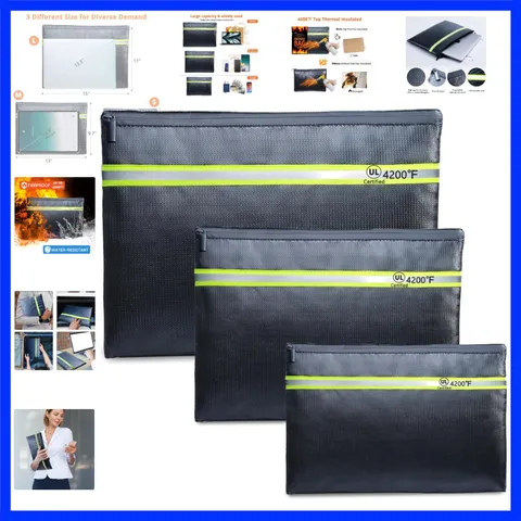Fireproof Document Bag – 3 Pack 15" x 11", 13" x 9.7", 10.5" x 8" Fireproof &...